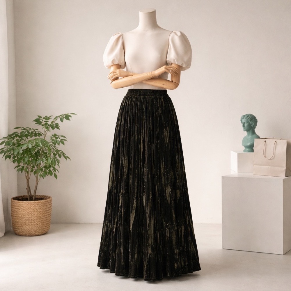 Double D Ranchwear Green Crushed Velvet Maxi Skirt Elastic Waist Made in USA M